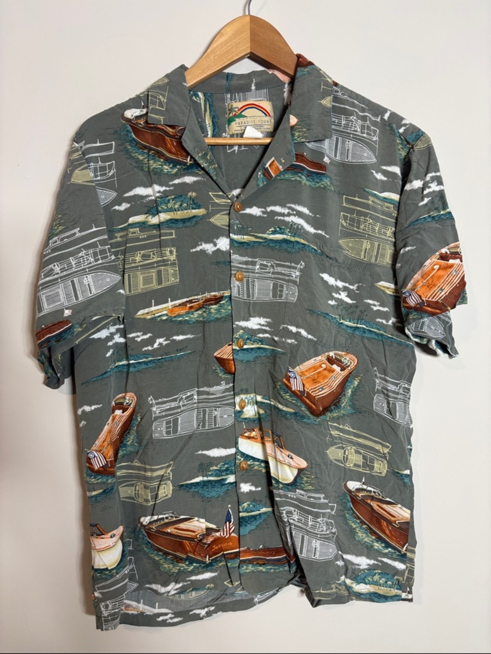 VTG Paradise Found Hawaiian Shirt Nautical Boats Rayon Large